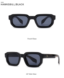 Detail view of retro black rectangle sunglasses with golden triple dot metal accents