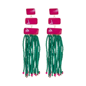 Bohemian long tassel earrings with fuchsia resin squares and green bead fringe