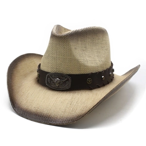 Classic Western straw cowboy hat with distressed brown spray and metal bull head buckle