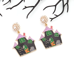 Halloween ghost house earrings with colorful oil drip enamel and white faux pearls