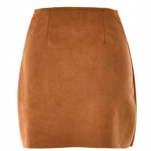 Detailed flat lay of brown faux suede skirt showing soft fabric texture and waist seams