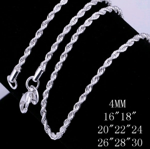 Silver 4mm twist rope chain necklace available in multiple lengths 16 to 30 inches