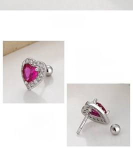 Detail showing S925 sterling silver heart earrings with pink zircon and screw back design