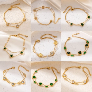 Golden titanium steel double-layer bracelet collection with heart and turquoise charms