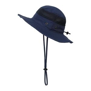Detail of navy kids sun hat featuring breathable mesh panels and adjustable drawcord
