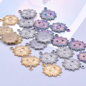 Evil eye sun pendant connectors in gold silver and rainbow finish stainless steel