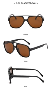 Multiple views of oversized aviator sunglasses with black frames and brown lenses