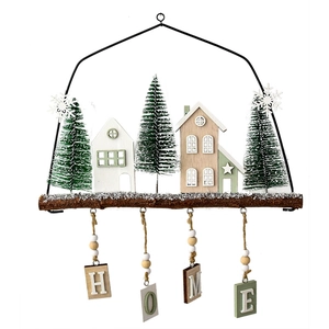 Nordic Christmas wooden house wall hanging decor with cedar trees and HOME pendant