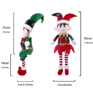 Christmas elf plush dolls in red and green colors showing front and side views