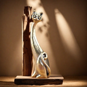 Artistic giraffe cat figurine brass ring holder on wood base for desk decor