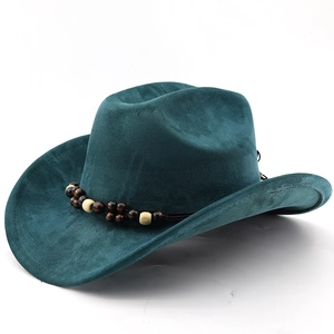 Detailed view of dark teal faux suede cowboy hat with vintage beaded decorative band