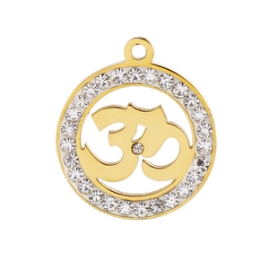 Gold stainless steel Om pendant with cubic zirconia border on white background