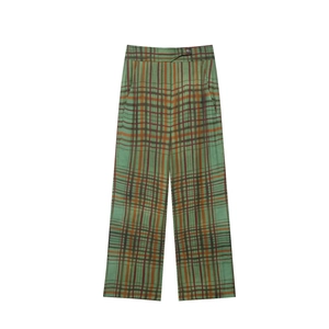 Pantalon large pour femme à taille haute avec motif à carreaux vert et style vintage