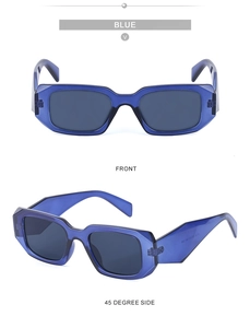 Detail of blue translucent rectangle sunglasses with wide temples and grey lenses