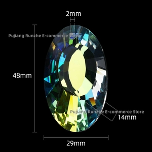 Macro detail of large AB coated crystal pendant showing 48mm height and 29mm width dimensions