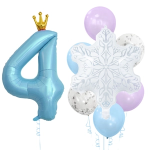 Frozen theme party kit with blue number 4 balloon, gold crown and snowflake foils