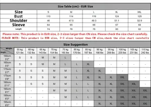 Detailed size chart for men denim shirts showing European sizes and measurements guide