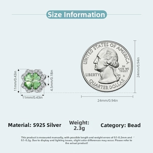 Detailed dimensions of S925 sterling silver green clover charm bead compared with a coin