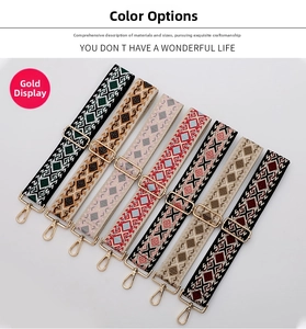 Close-up of ethnic geometric pattern woven bag straps with gold hardware swivel hooks