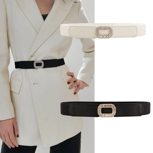 Women Elastic Corset Belt Wide Waistband PU Leather Rhinestone Square Buckle Adjustable Fashion Dress Waist Accessory