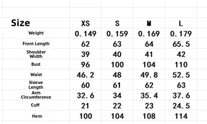 Detailed size chart for women chiffon blouse including shoulder, bust and sleeve measurements