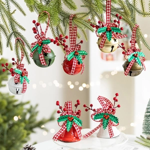 Christmas Tree Bell Ornaments Iron Metal Hanging Pendant With Gingham Ribbon Bow Red Berries Green Leaves Holiday Home Decor