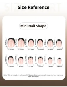 Size chart for black polka dot short square press-on nails with 12 precise dimensions