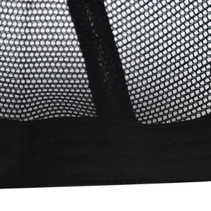 Macro view of black mesh fabric detail and reinforced stitching on cotton baseball cap