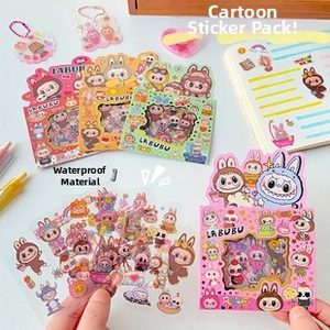 Close-up of waterproof Labubu cartoon stickers and colorful packaging for stationery decoration
