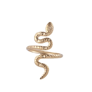 Minimalist gold snake wrap ring in stainless steel with detailed scale texture on white background