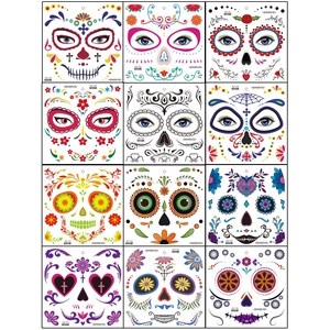 Set of 12 colorful Halloween Day of the Dead floral face tattoo stickers in various designs