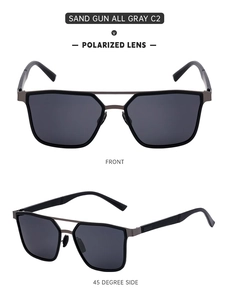 Detailed views of square frame polarized sunglasses with metal temples in all gray finish