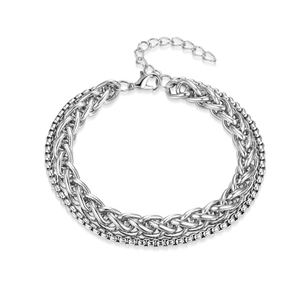Silver double-layer titanium steel men's bracelet with braided and square curb chain links
