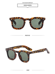 Detailed front and side views of demi frame sunglasses with green lenses and silver rivets