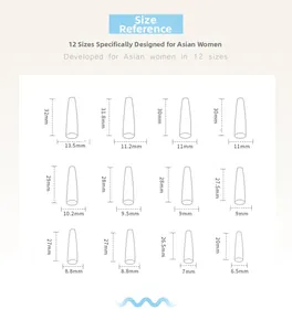 Size chart showing twelve dimensions for long press-on nails for a perfect custom fit