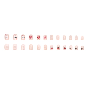Lot de 24 faux ongles courts carrés avec motifs de chat mignon, cerise et nœud papillon