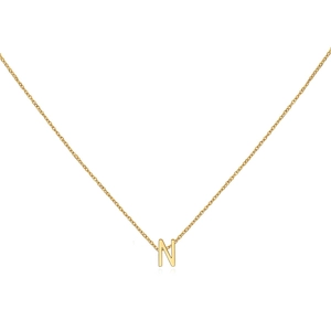 Detail view of the 18K gold letter N alphabet pendant on a minimalist necklace chain