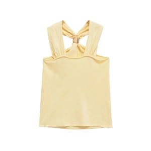 Detail of light yellow knit vest with heart-shaped neckline and back knot metal clasp