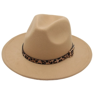 Classic camel wool felt fedora hat featuring a stylish leopard print belt and metal buckle