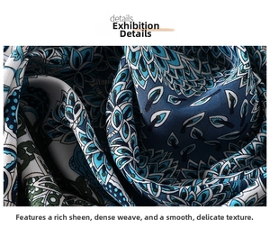 Detail showing the glossy texture and blue floral patterns on the silk scarf