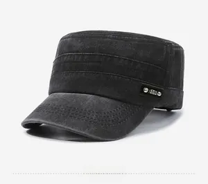 Detail view of washed cotton cadet hat with sport leather patch and metal rivets