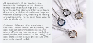 Detail of interlocking three-ring pendant with Czech diamonds and vacuum plating