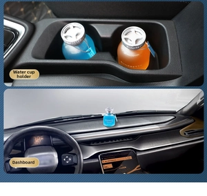 Car air freshener liquid bottles in blue and orange placed on cup holder and dashboard