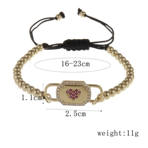 Detailed dimensions of gold heart lock bracelet with pink zircon and adjustable milan cord