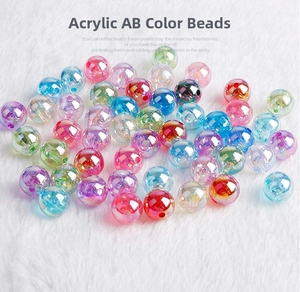 Detailed view of colorful AB coated acrylic round beads on soft white faux fur background