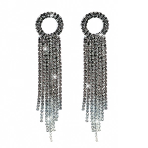 Elegant long tassel rhinestone dangle earrings in silver for wedding and stage events