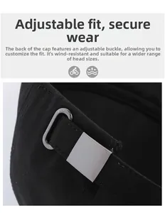 Close-up of black cotton baseball cap showing adjustable metal buckle and back strap