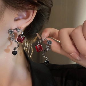 Gothic silver rose vine earrings with deep red bud and black heart pendant
