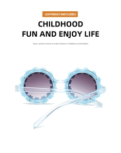Close-up of lightweight light blue flower-shaped children's sunglasses with flexible frame