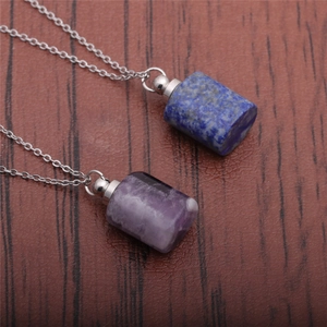 Natural Amethyst Lapis Lazuli Stone Perfume Bottle Pendant Necklace Stainless Steel Essential Oil Diffuser Jewelry